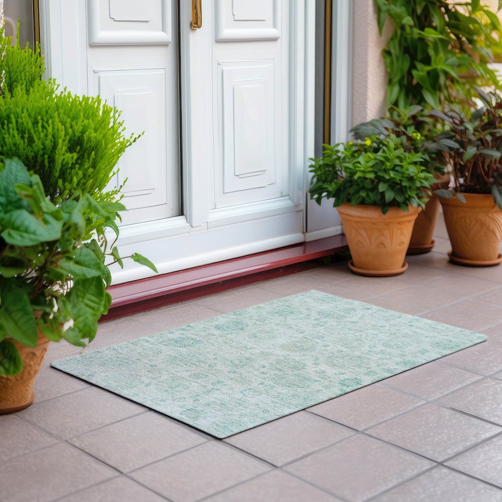Machine Washable Indoor/Outdoor Chantille Turquoise 1'8" x 2'6" Rug. Picture 6