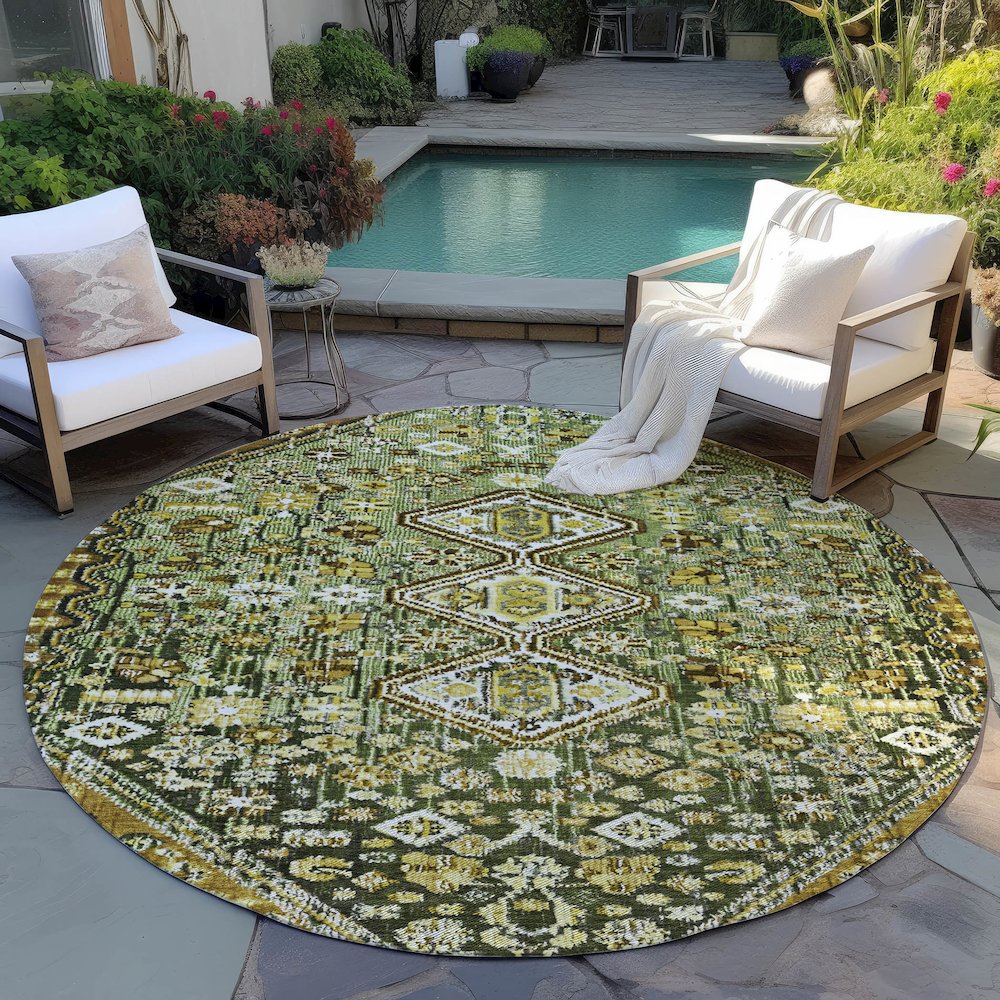 Machine Washable Indoor/Outdoor Chantille Olive 8' x 8' Round Rug. Picture 6