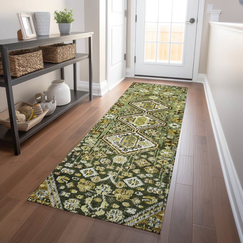 Machine Washable Indoor/Outdoor Chantille Olive 2'3" x 7'6" Runner Rug. Picture 5
