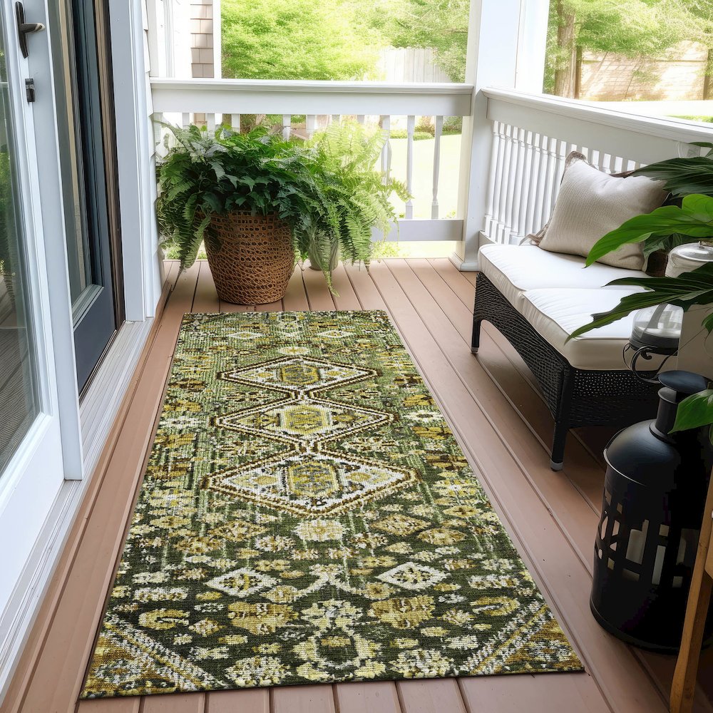 Machine Washable Indoor/Outdoor Chantille Olive 2'3" x 7'6" Runner Rug. Picture 6