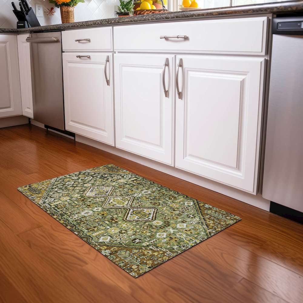 Machine Washable Indoor/Outdoor Chantille Olive 1'8" x 2'6" Rug. Picture 5