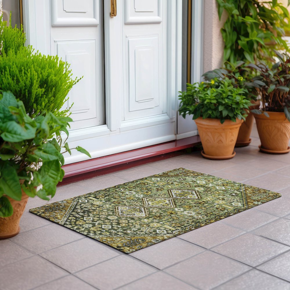 Machine Washable Indoor/Outdoor Chantille Olive 1'8" x 2'6" Rug. Picture 6