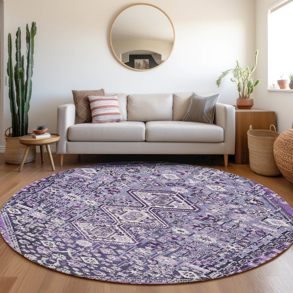 Machine Washable Indoor/Outdoor Chantille Purple 8' x 8' Round Rug. Picture 5