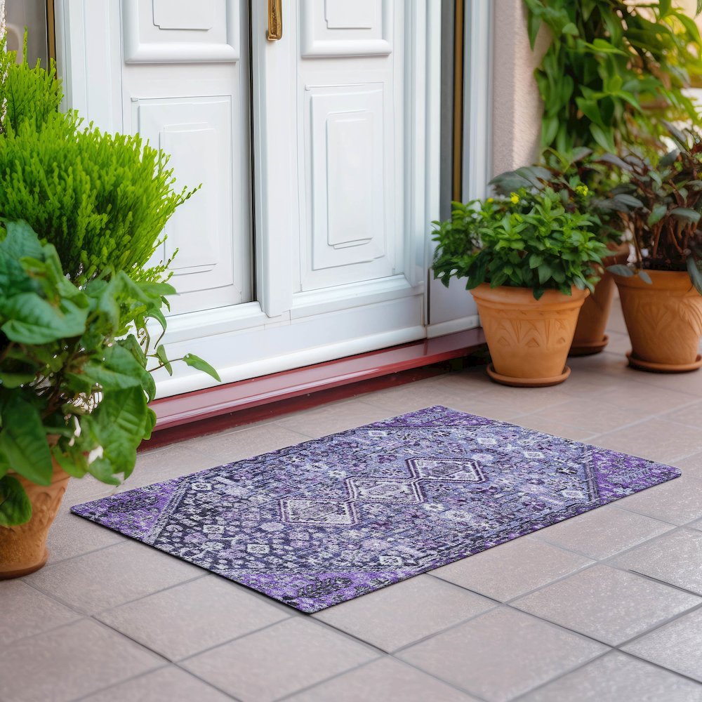 Machine Washable Indoor/Outdoor Chantille Purple 1'8" x 2'6" Rug. Picture 6