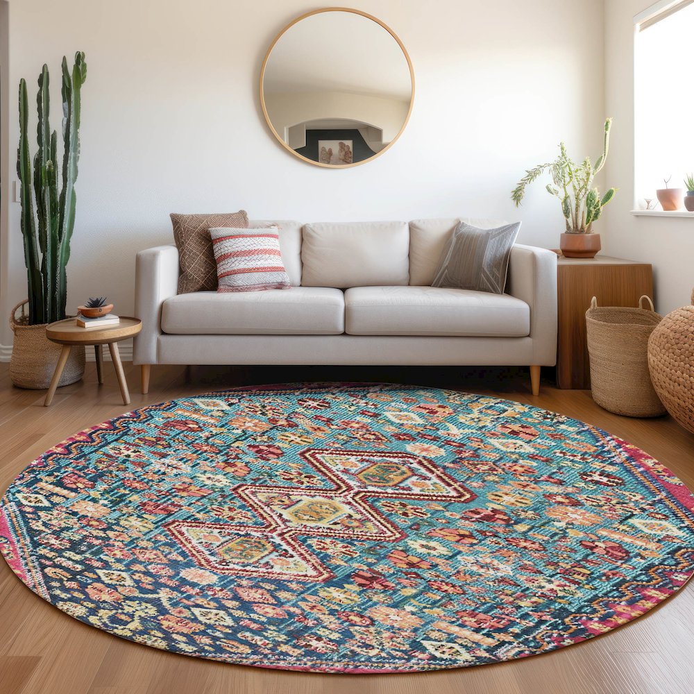 Machine Washable Indoor/Outdoor Chantille Teal 8' x 8' Round Rug. Picture 5