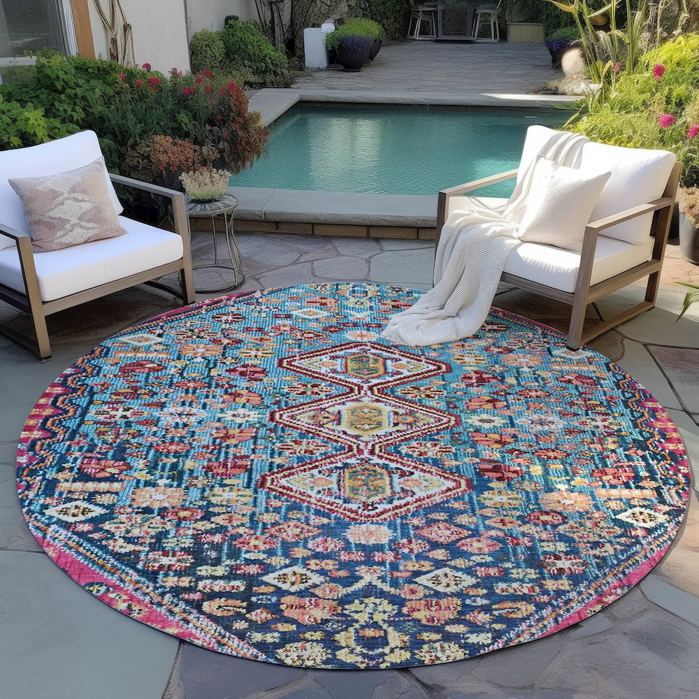 Machine Washable Indoor/Outdoor Chantille Teal 8' x 8' Round Rug. Picture 6