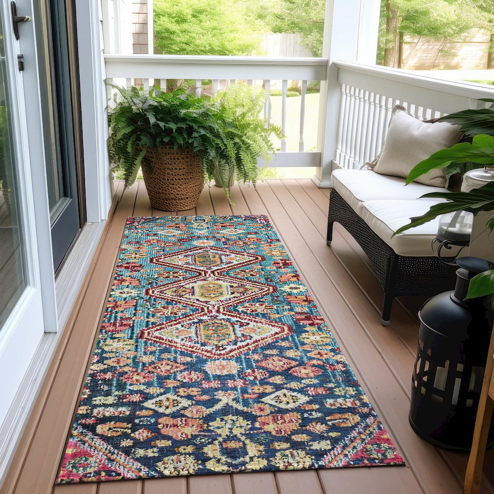 Machine Washable Indoor/Outdoor Chantille Teal 2'3" x 7'6" Runner Rug. Picture 6
