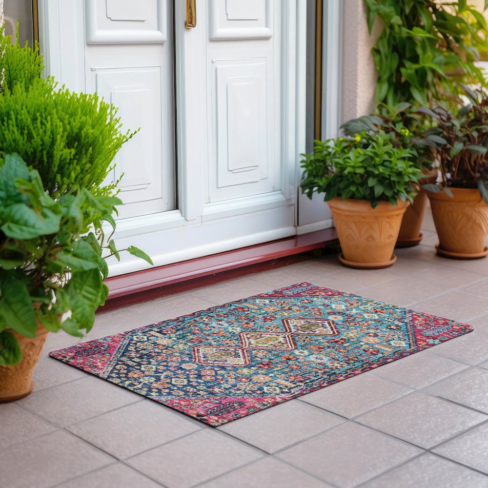 Machine Washable Indoor/Outdoor Chantille Teal 1'8" x 2'6" Rug. Picture 6