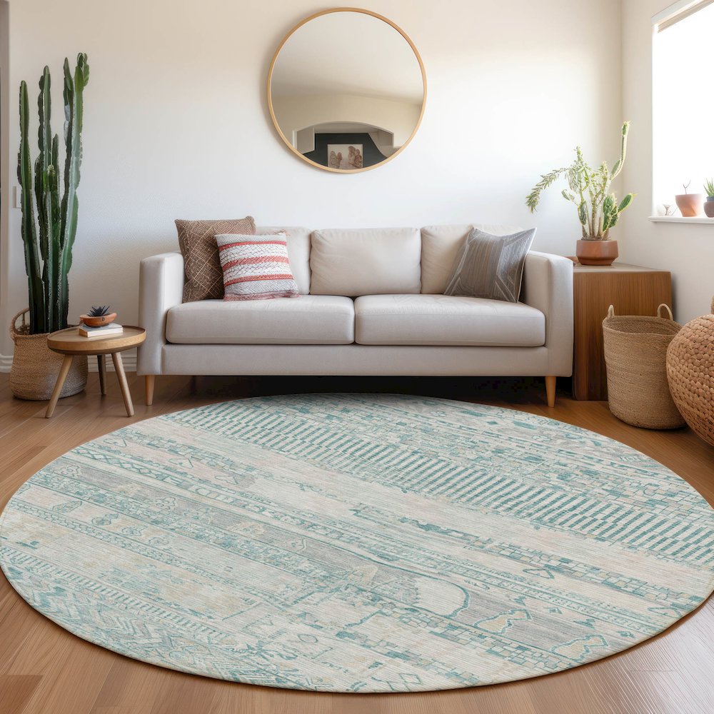 Machine Washable Indoor/Outdoor Chantille Teal 8' x 8' Round Rug. Picture 5
