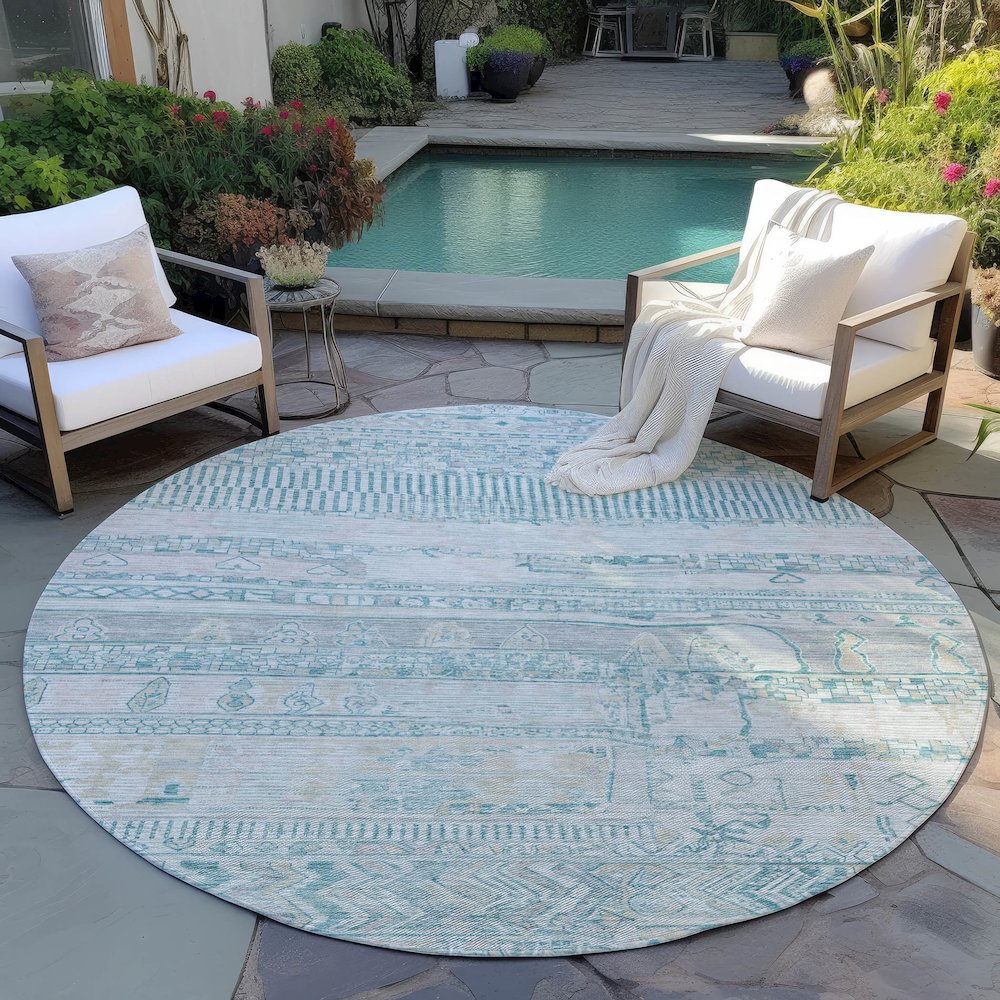 Machine Washable Indoor/Outdoor Chantille Teal 8' x 8' Round Rug. Picture 6