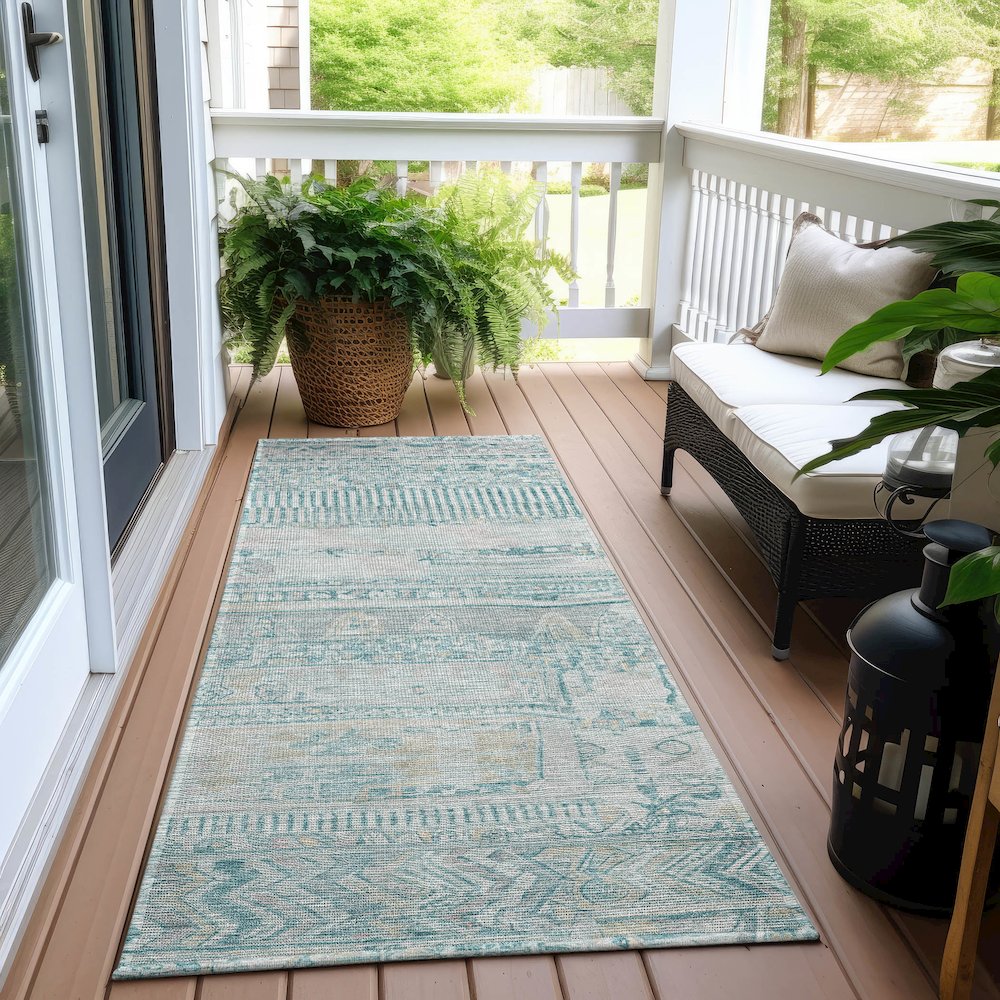 Machine Washable Indoor/Outdoor Chantille Teal 2'3" x 7'6" Runner Rug. Picture 6