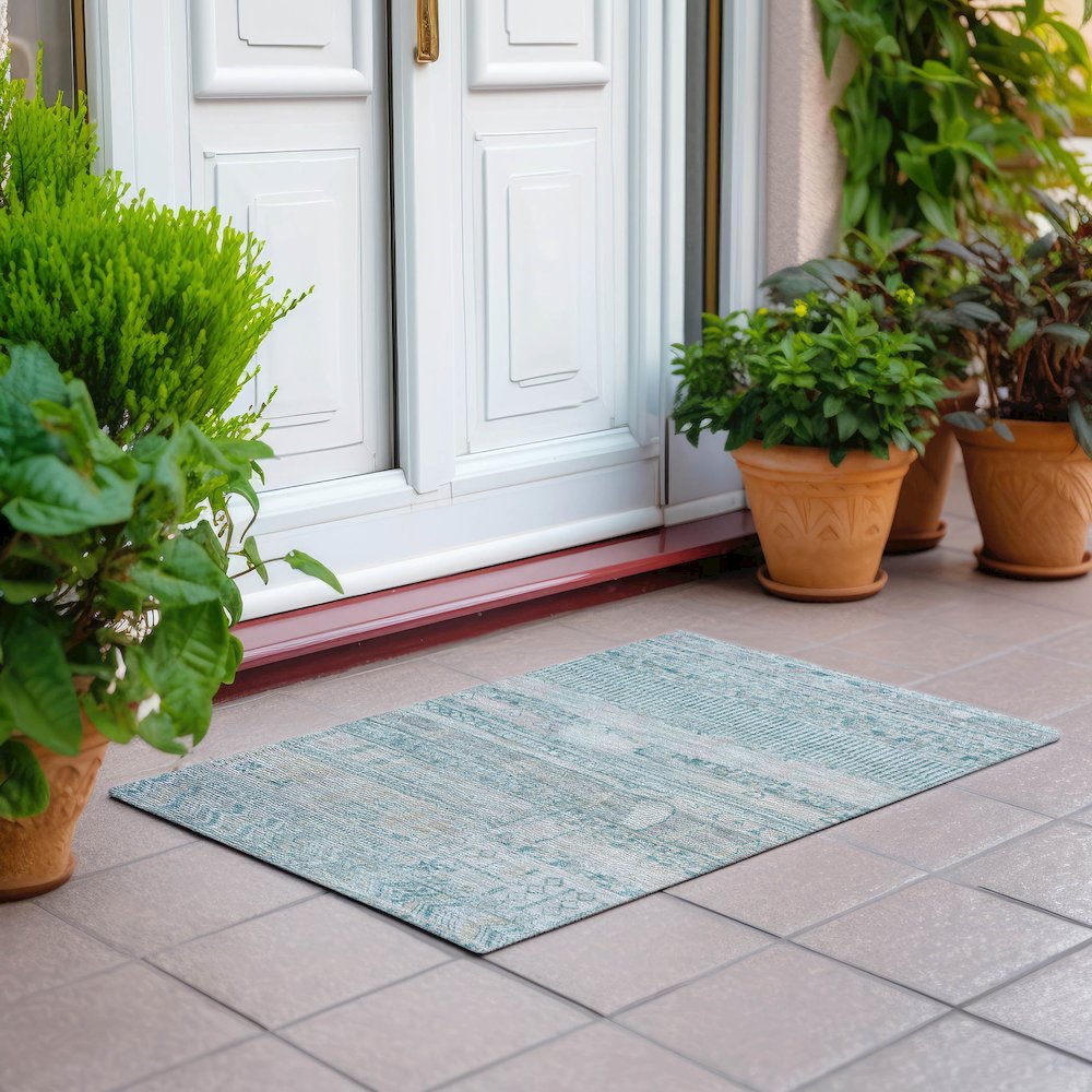 Machine Washable Indoor/Outdoor Chantille Teal 1'8" x 2'6" Rug. Picture 6