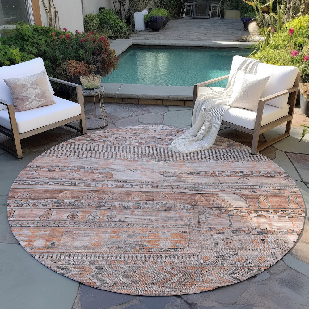 Machine Washable Indoor/Outdoor Chantille Terracotta 8' x 8' Round Rug. Picture 6
