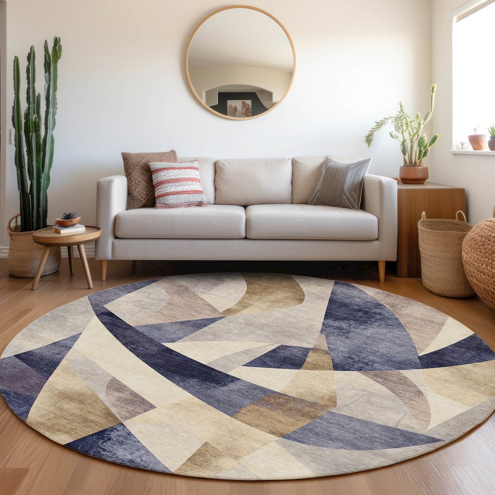 Machine Washable Indoor/Outdoor Chantille Navy 8' x 8' Round Rug. Picture 5