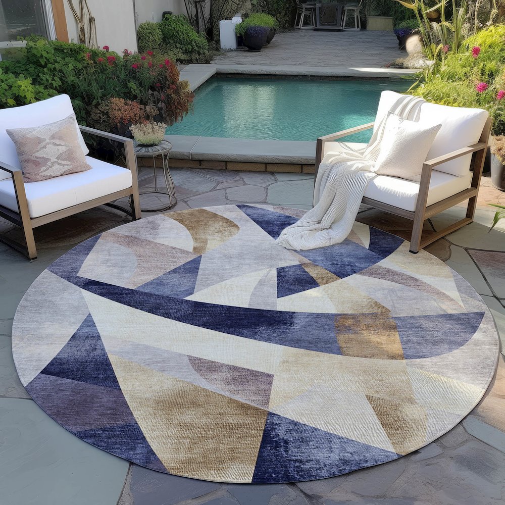 Machine Washable Indoor/Outdoor Chantille Navy 8' x 8' Round Rug. Picture 6