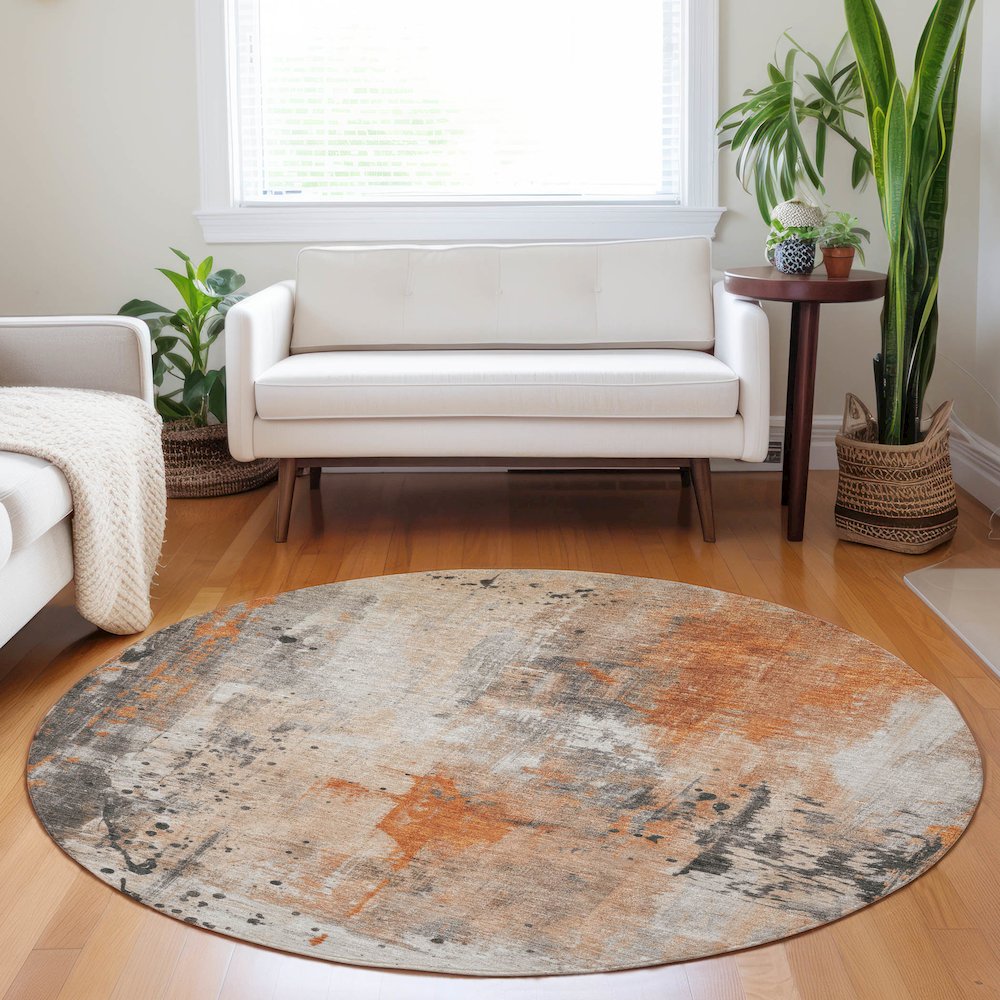 Machine Washable Indoor/Outdoor Chantille Orange 8' x 8' Round Rug. Picture 5