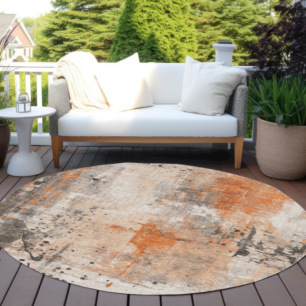 Machine Washable Indoor/Outdoor Chantille Orange 8' x 8' Round Rug. Picture 6