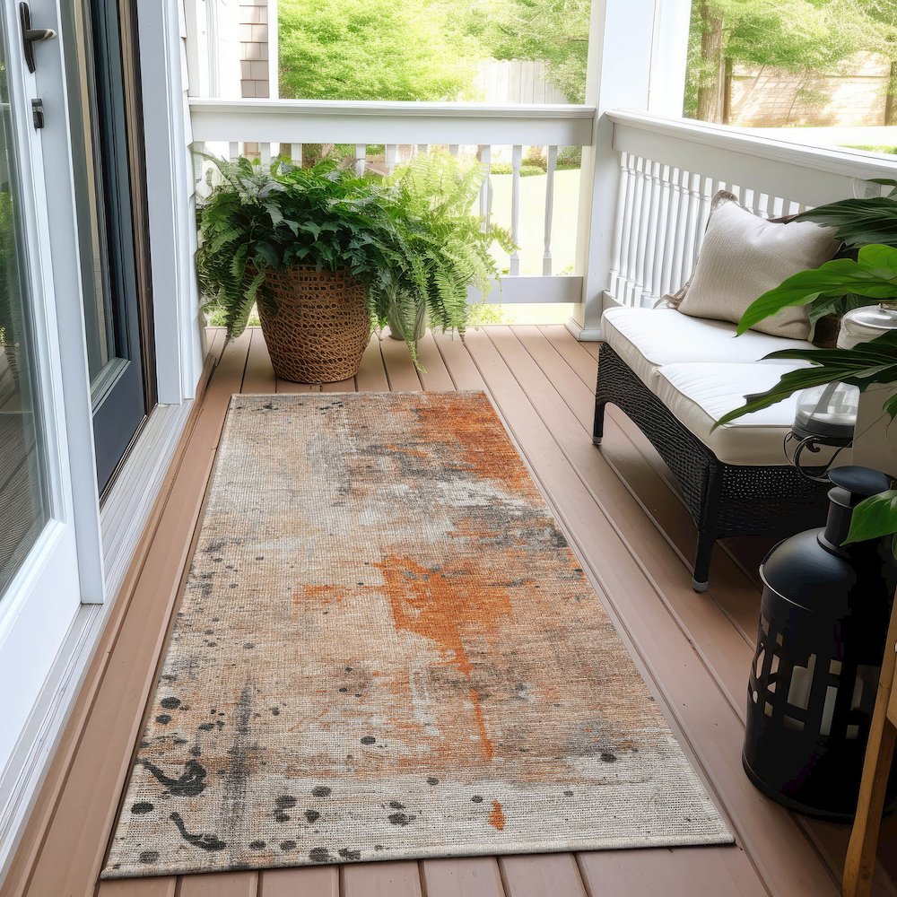 Machine Washable Indoor/Outdoor Chantille Orange 2'3" x 7'6" Runner Rug. Picture 6