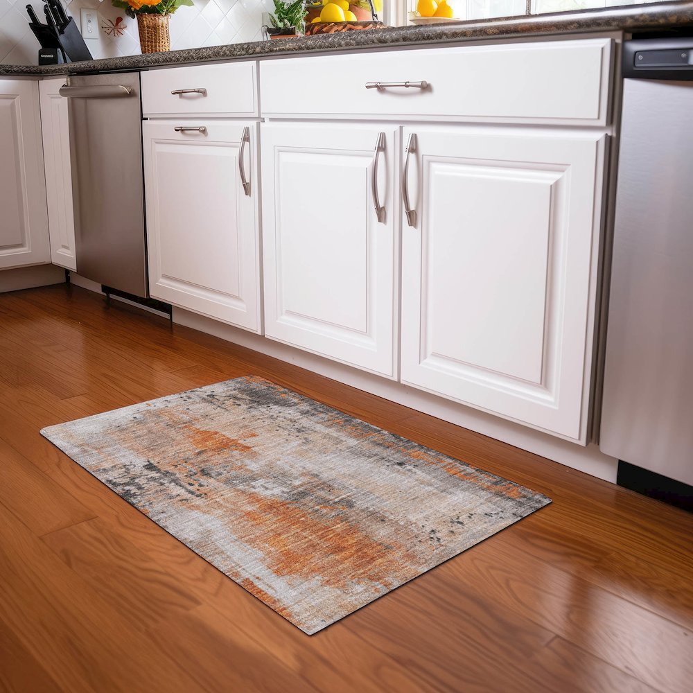 Machine Washable Indoor/Outdoor Chantille Orange 1'8" x 2'6" Rug. Picture 5