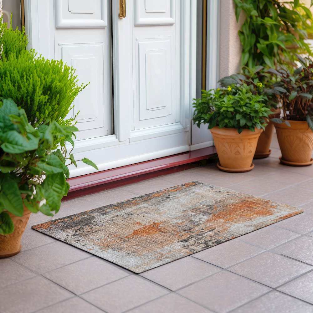 Machine Washable Indoor/Outdoor Chantille Orange 1'8" x 2'6" Rug. Picture 6