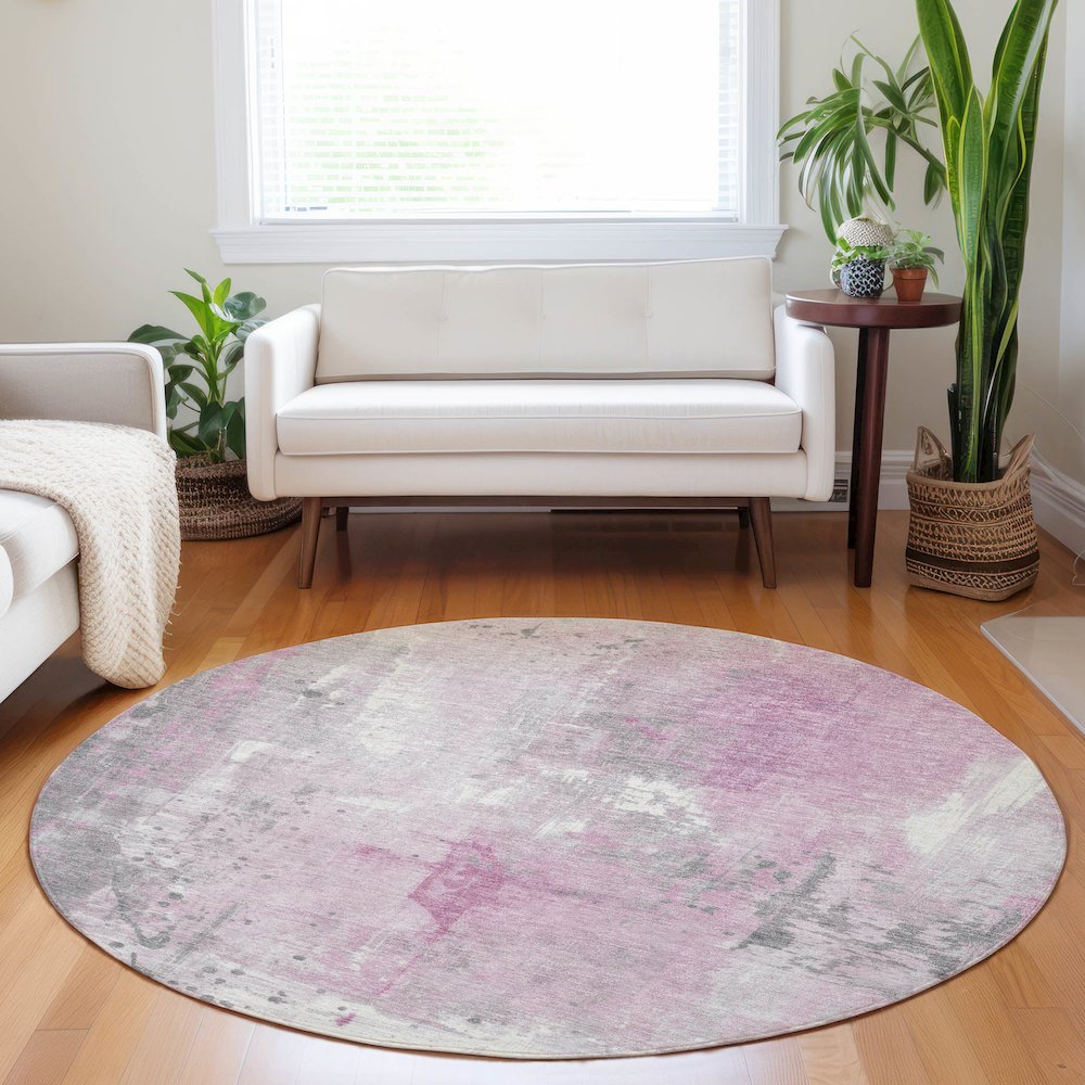 Machine Washable Indoor/Outdoor Chantille Pink 8' x 8' Round Rug. Picture 5