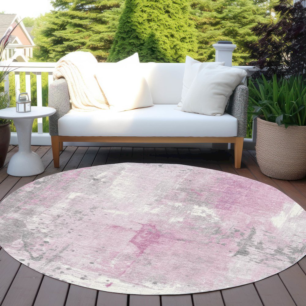 Machine Washable Indoor/Outdoor Chantille Pink 8' x 8' Round Rug. Picture 6