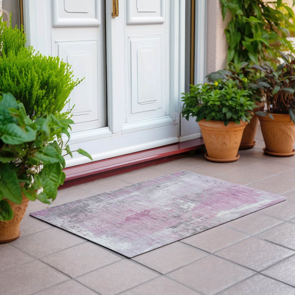 Machine Washable Indoor/Outdoor Chantille Pink 1'8" x 2'6" Rug. Picture 6