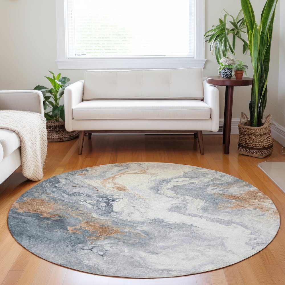 Machine Washable Indoor/Outdoor Chantille Gray 8' x 8' Round Rug. Picture 5