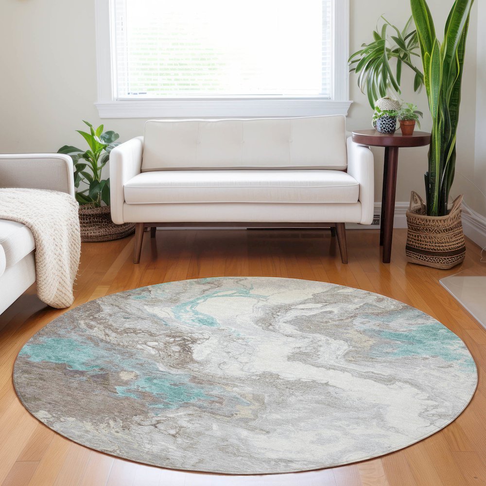 Machine Washable Indoor/Outdoor Chantille Teal 8' x 8' Round Rug. Picture 5