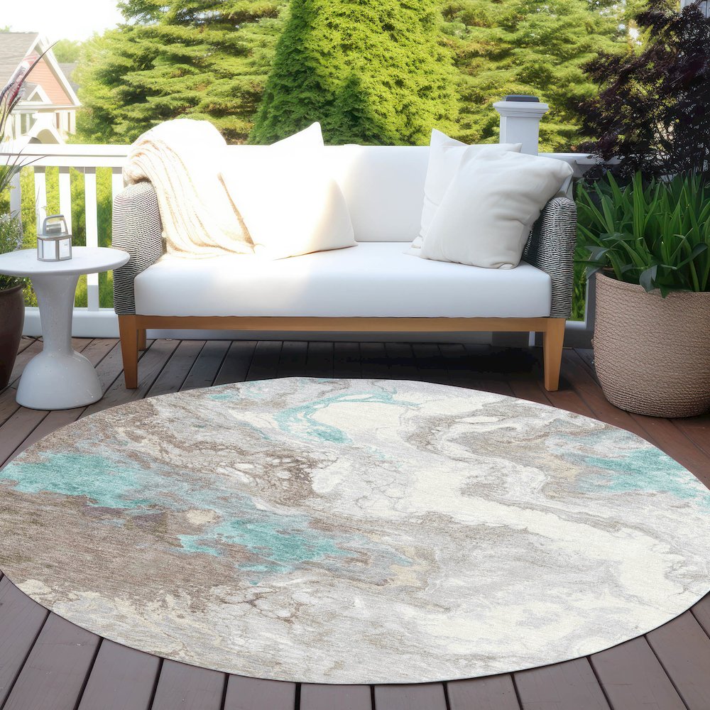 Machine Washable Indoor/Outdoor Chantille Teal 8' x 8' Round Rug. Picture 6