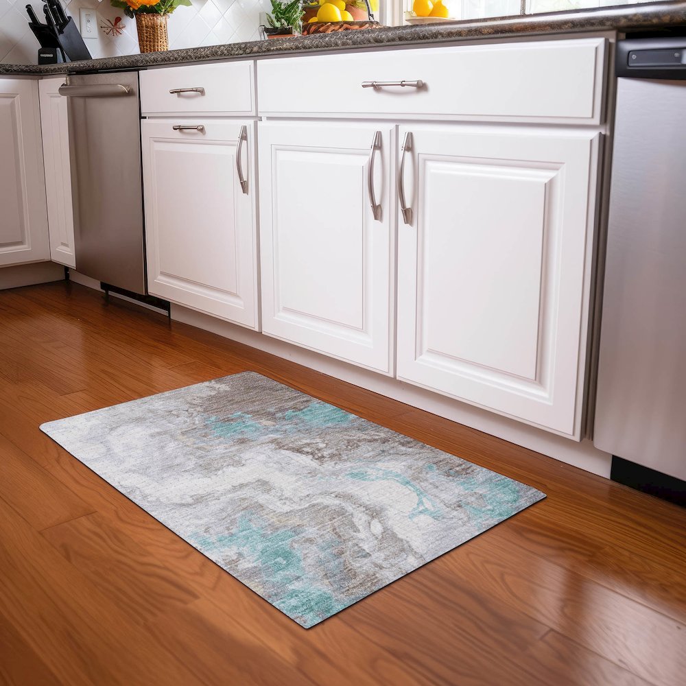 Machine Washable Indoor/Outdoor Chantille Teal 1'8" x 2'6" Rug. Picture 5