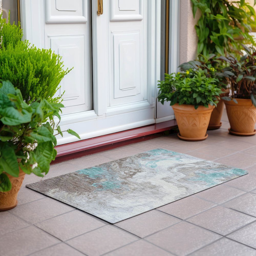 Machine Washable Indoor/Outdoor Chantille Teal 1'8" x 2'6" Rug. Picture 6