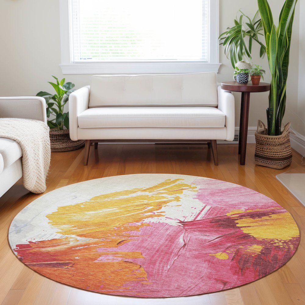 Machine Washable Indoor/Outdoor Chantille Blush 8' x 8' Round Rug. Picture 5