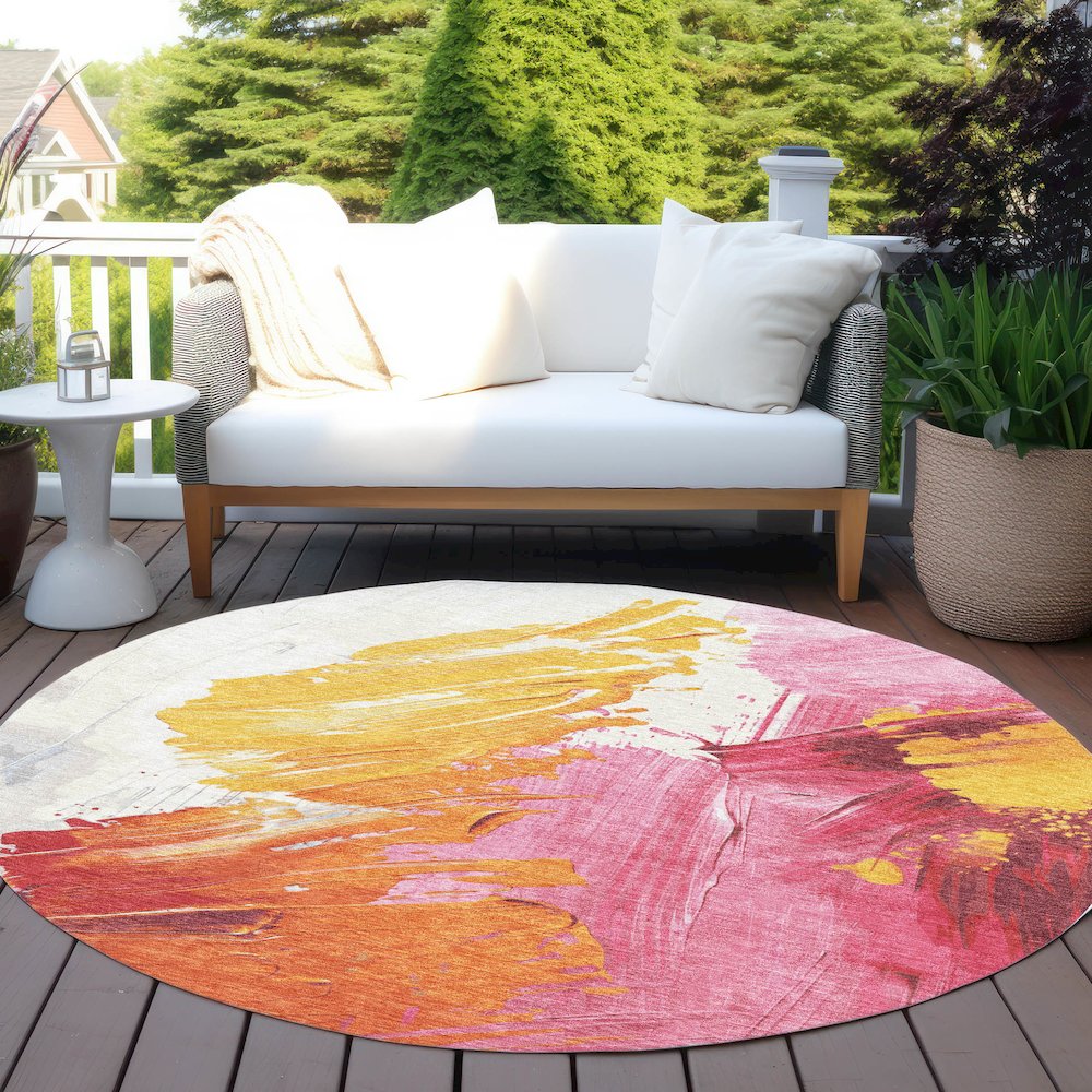 Machine Washable Indoor/Outdoor Chantille Blush 8' x 8' Round Rug. Picture 6
