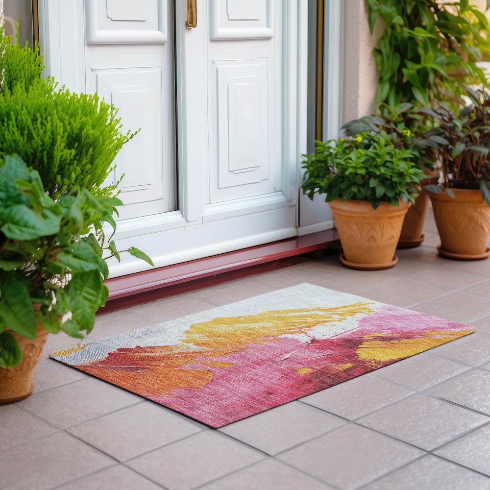 Machine Washable Indoor/Outdoor Chantille Blush 1'8" x 2'6" Rug. Picture 6
