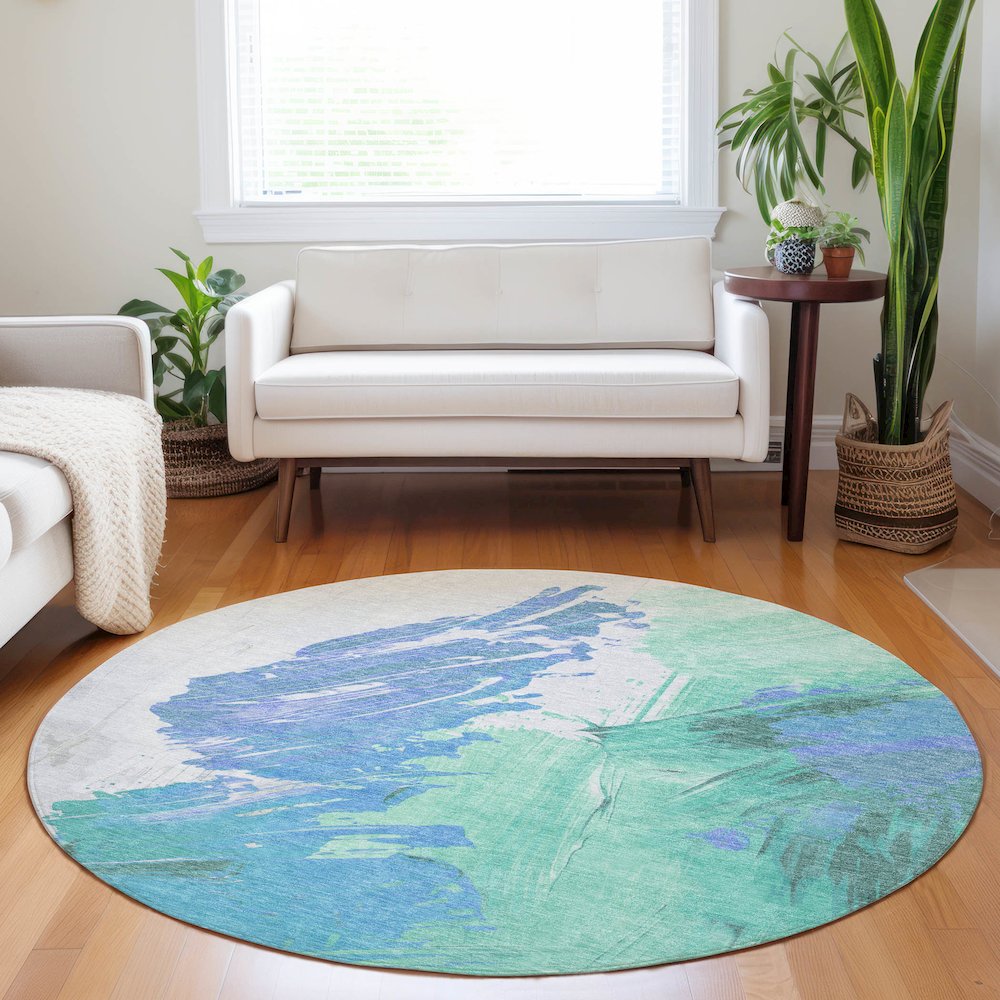 Machine Washable Indoor/Outdoor Chantille Seafoam 8' x 8' Round Rug. Picture 5