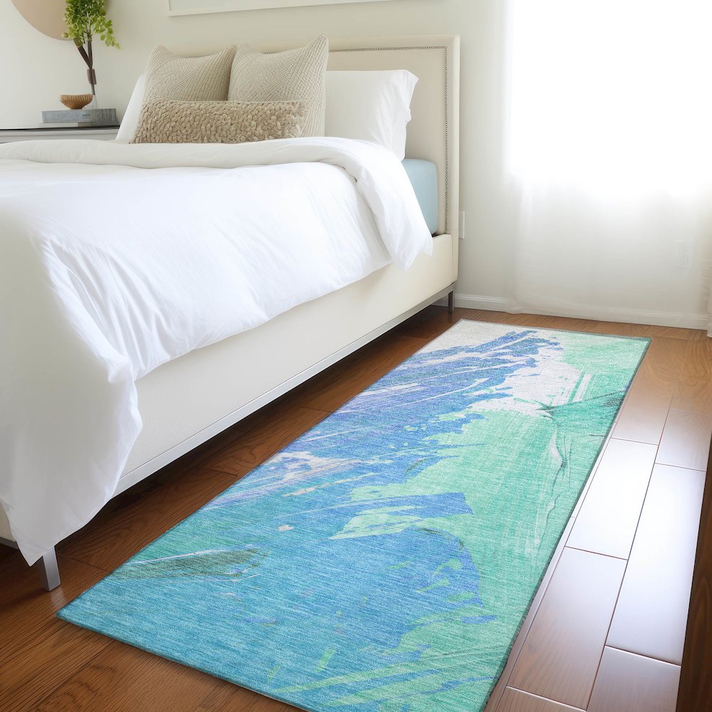 Machine Washable Indoor/Outdoor Chantille Seafoam 2'3" x 7'6" Runner Rug. Picture 5