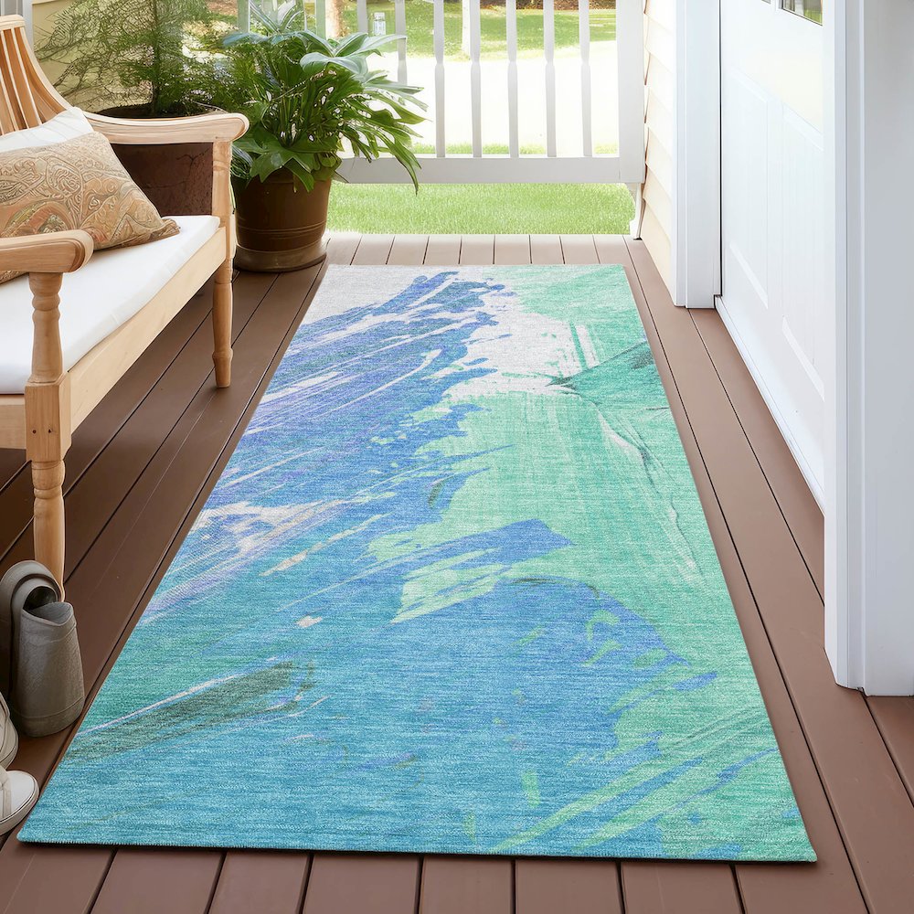 Machine Washable Indoor/Outdoor Chantille Seafoam 2'3" x 7'6" Runner Rug. Picture 6