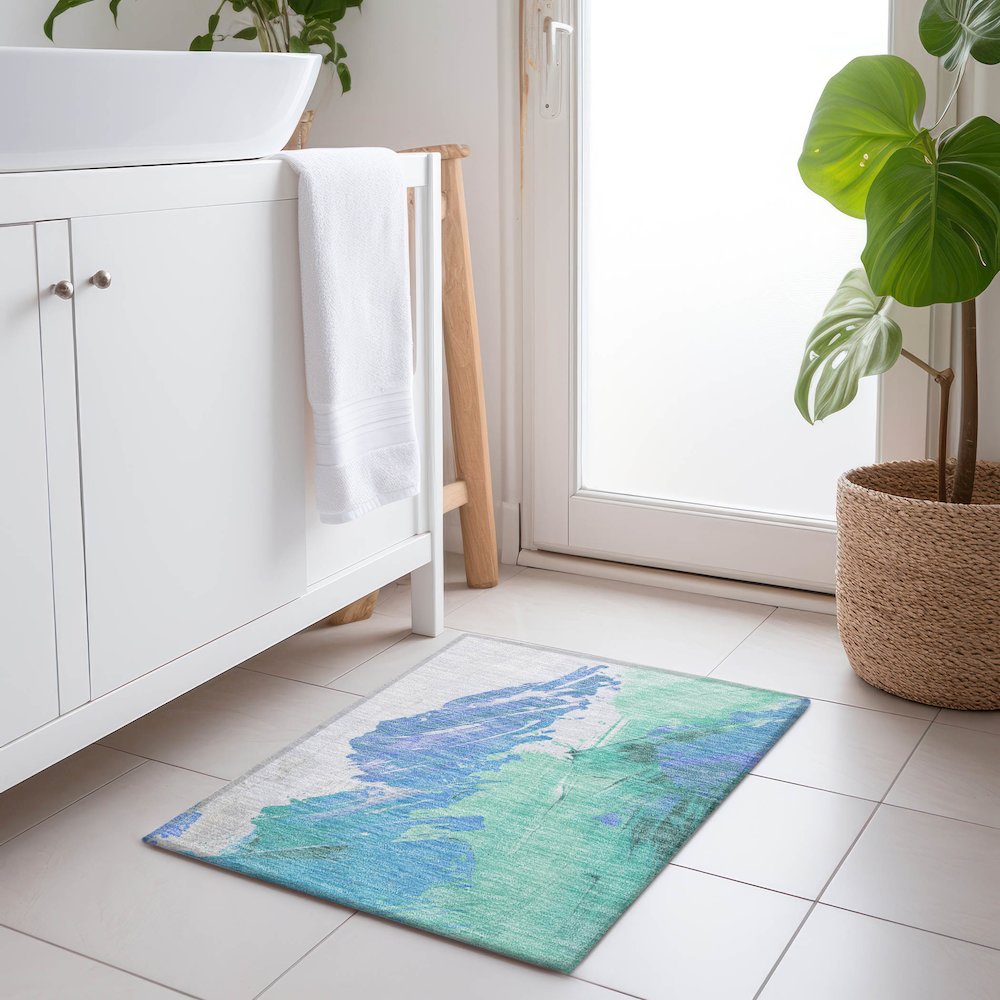 Machine Washable Indoor/Outdoor Chantille Seafoam 1'8" x 2'6" Rug. Picture 5