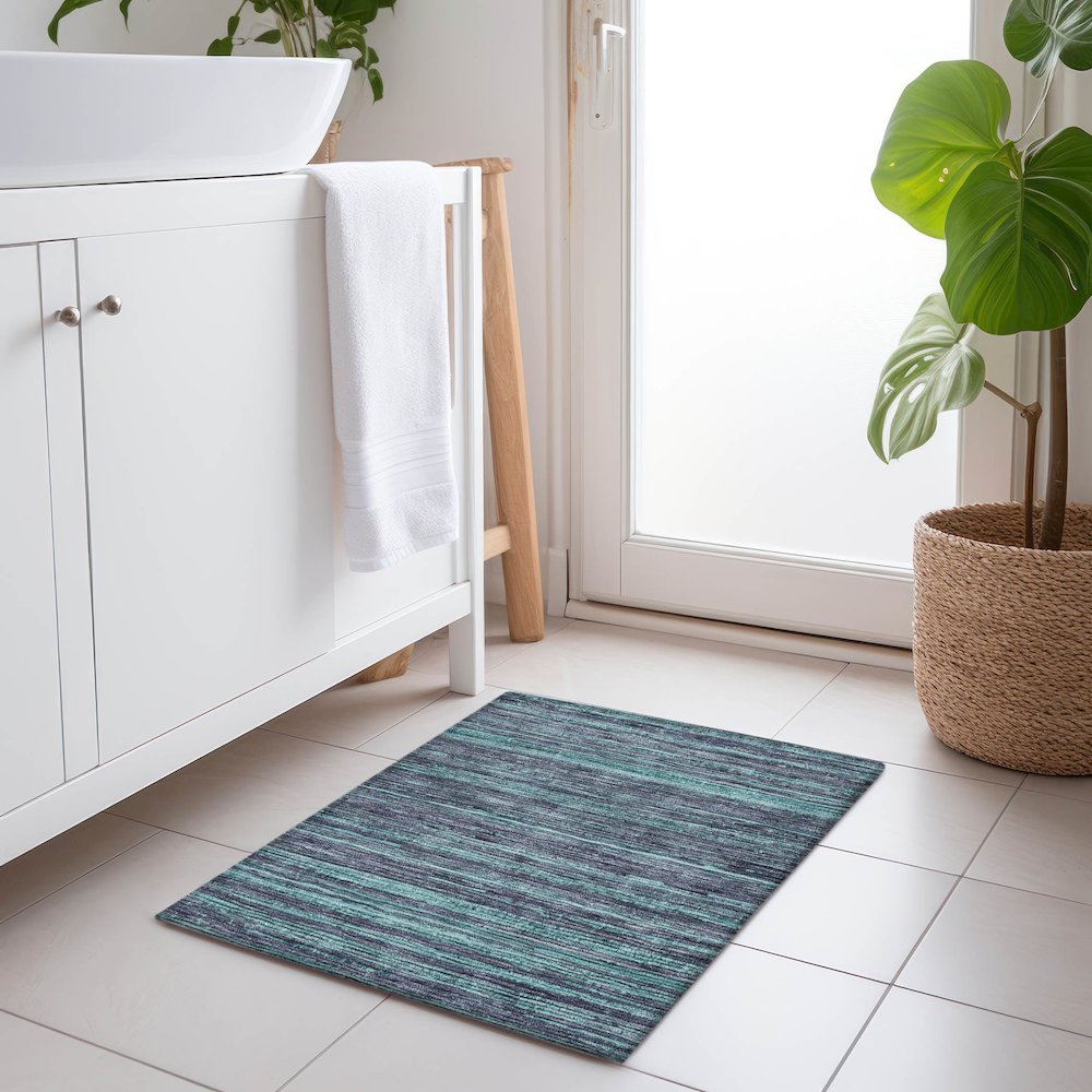 Machine Washable Indoor/Outdoor Chantille Teal 1'8" x 2'6" Rug. Picture 5