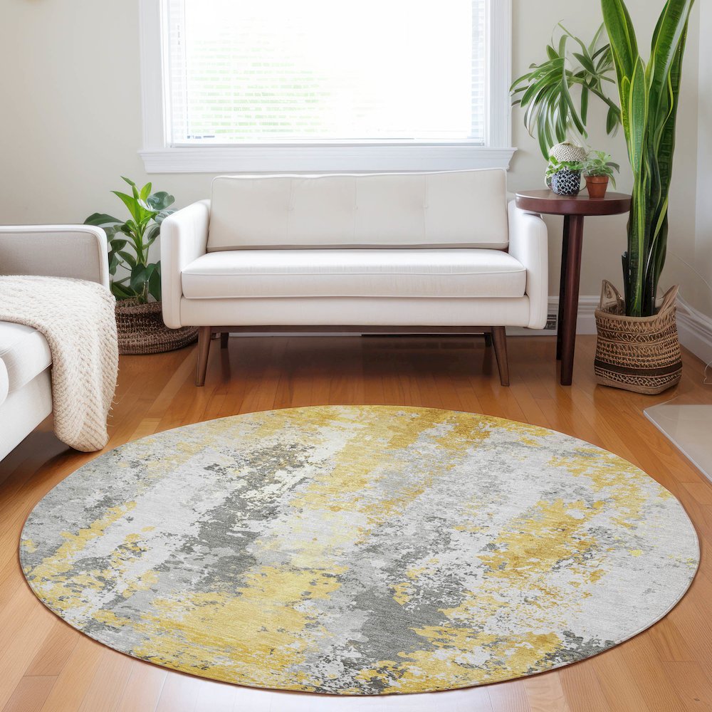 Machine Washable Indoor/Outdoor Chantille Yellow 8' x 8' Round Rug. Picture 5