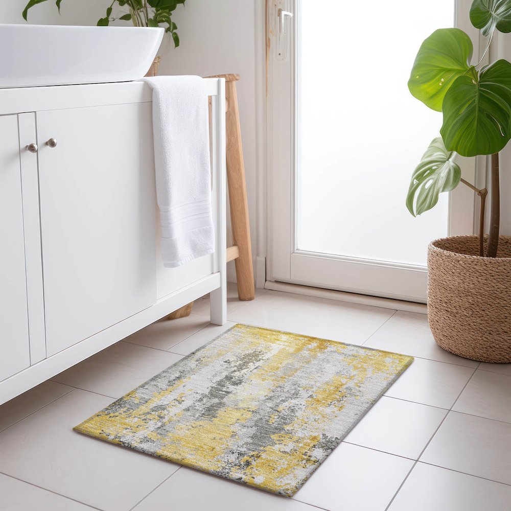 Machine Washable Indoor/Outdoor Chantille Yellow 1'8" x 2'6" Rug. Picture 5