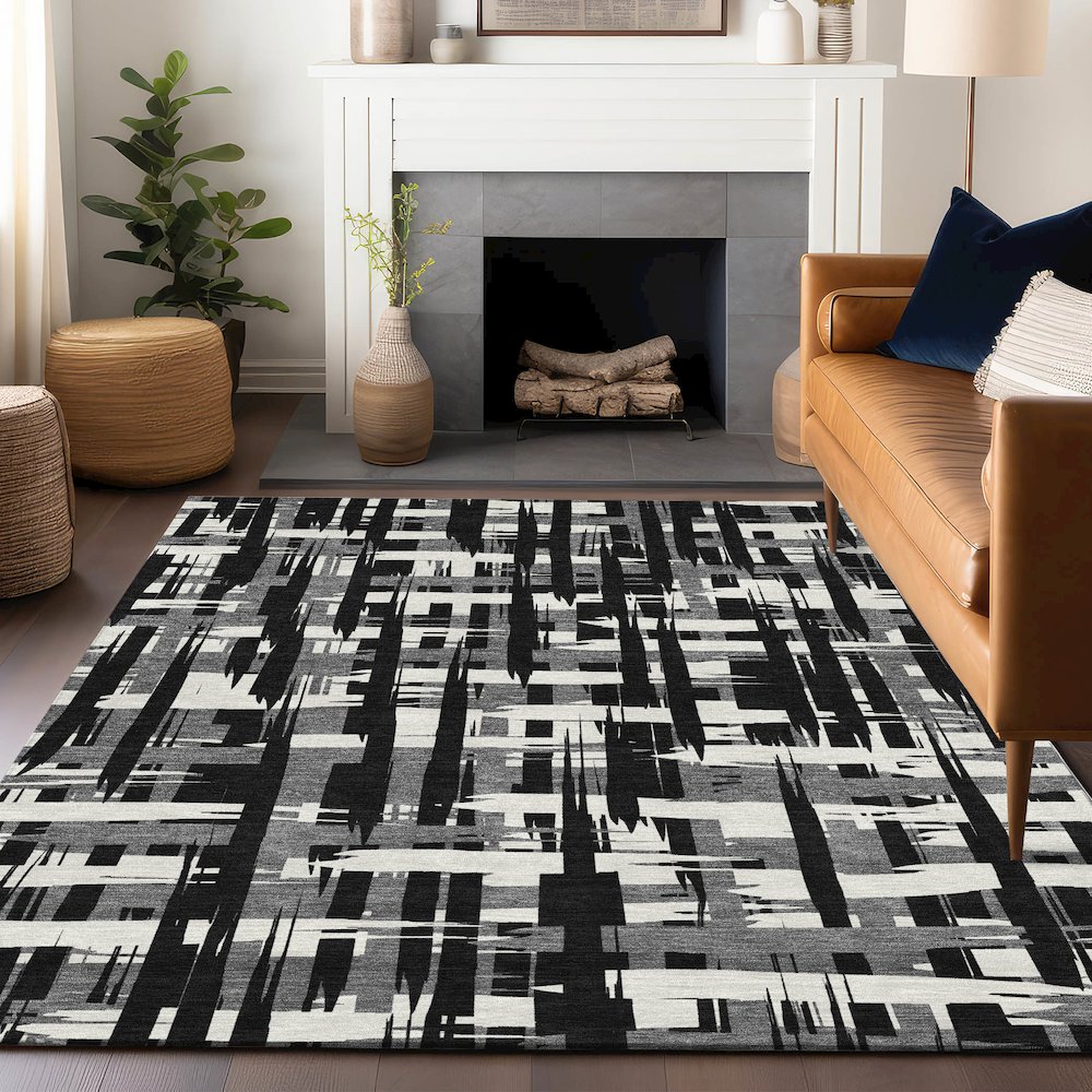 Machine Washable Indoor/Outdoor Chantille Black 2'6" x 3'10" Rug. Picture 5