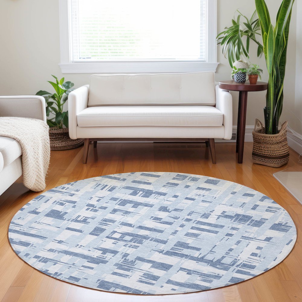 Machine Washable Indoor/Outdoor Chantille Blue 8' x 8' Round Rug. Picture 5