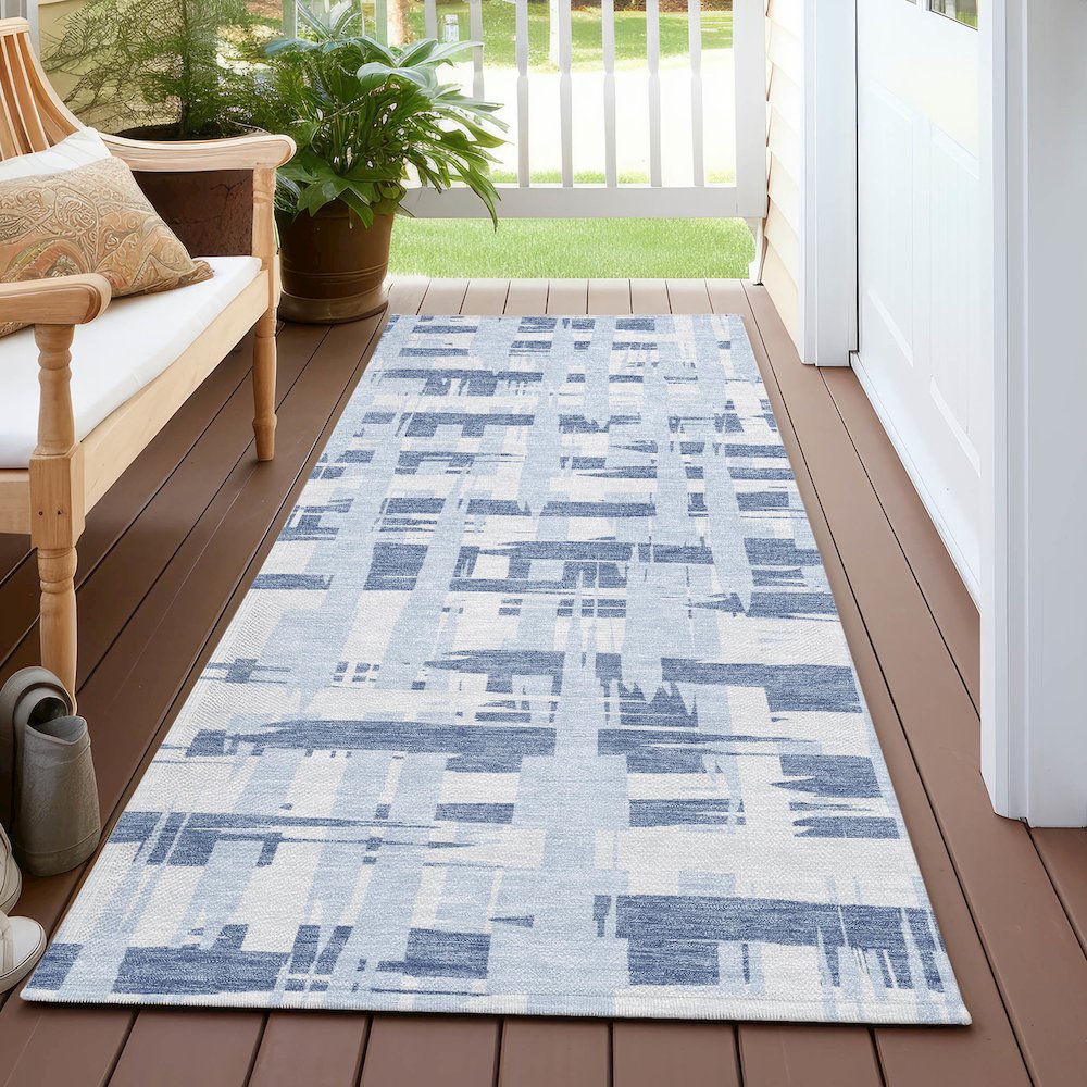 Machine Washable Indoor/Outdoor Chantille Blue 2'3" x 7'6" Runner Rug. Picture 6