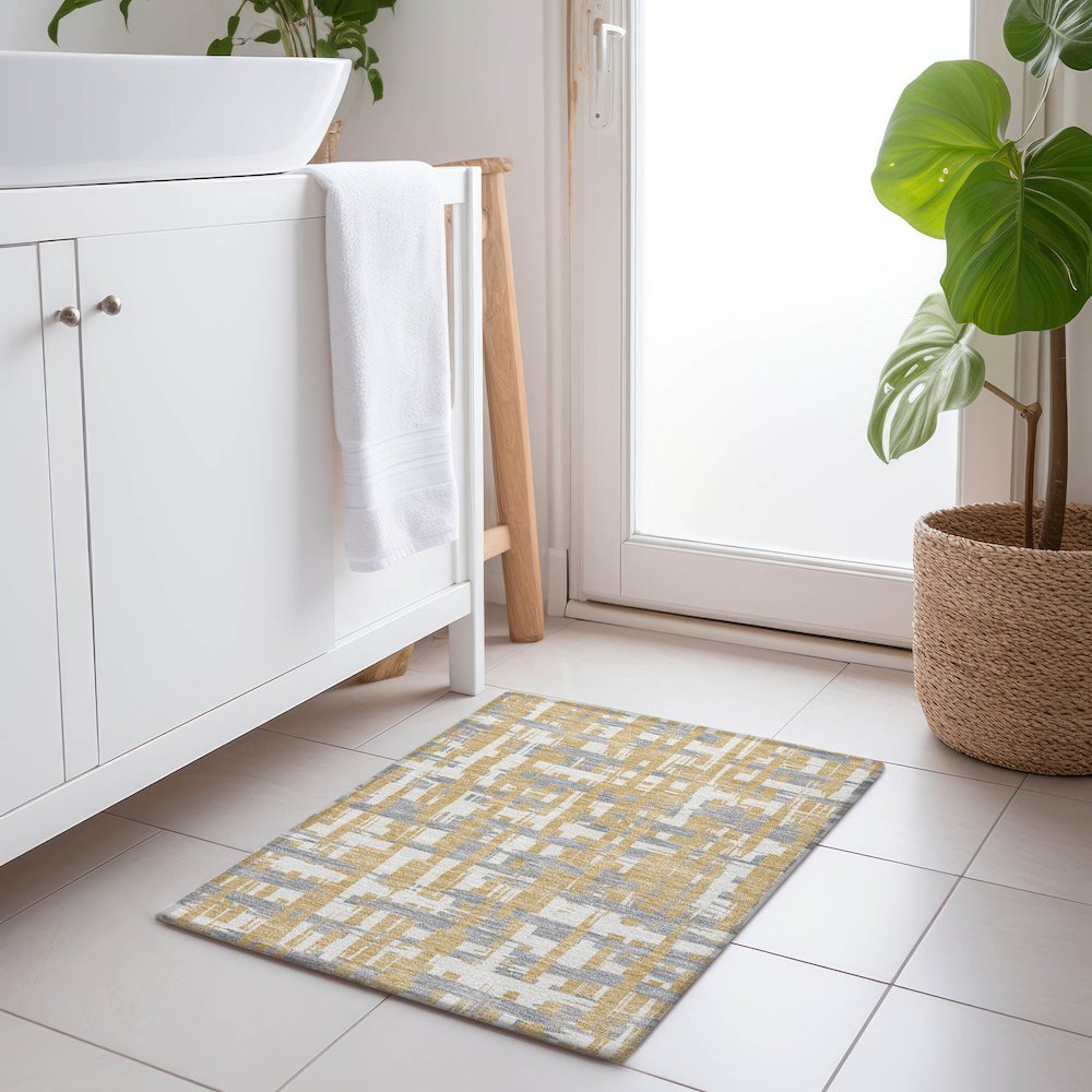 Machine Washable Indoor/Outdoor Chantille Gold 1'8" x 2'6" Rug. Picture 5