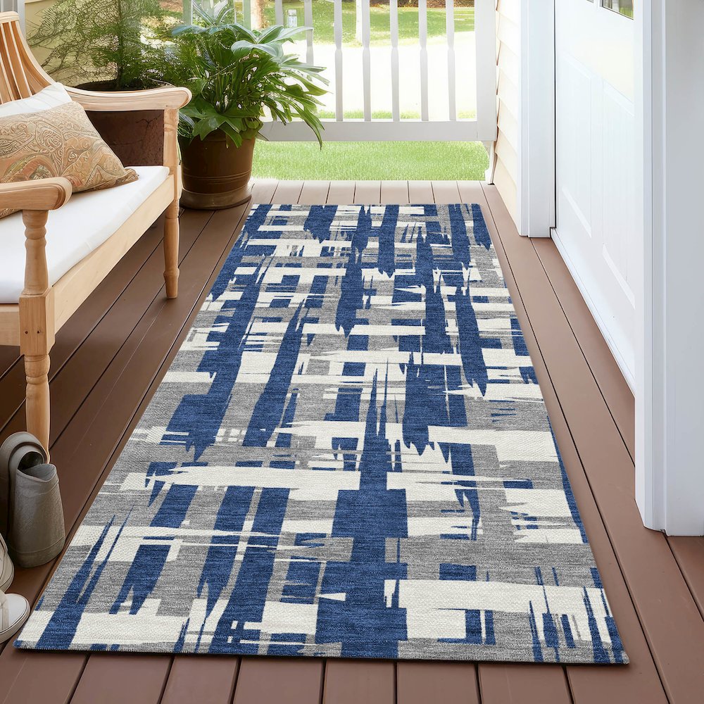 Machine Washable Indoor/Outdoor Chantille Navy 2'3" x 7'6" Runner Rug. Picture 6