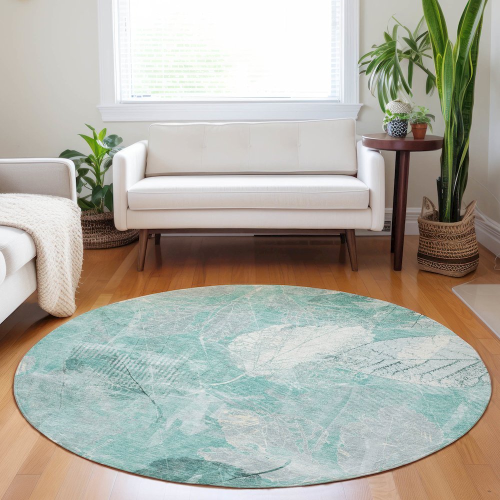 Machine Washable Indoor/Outdoor Chantille Teal 8' x 8' Round Rug. Picture 5