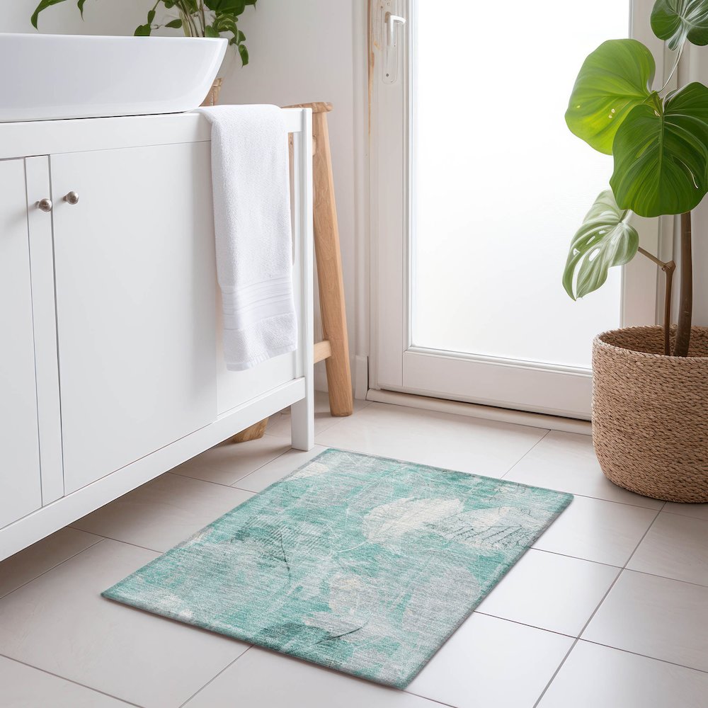 Machine Washable Indoor/Outdoor Chantille Teal 1'8" x 2'6" Rug. Picture 5