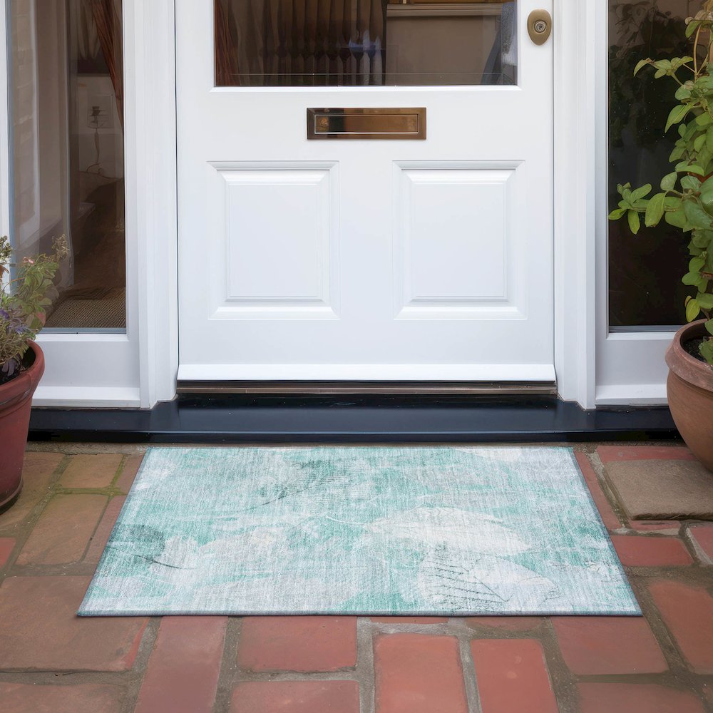Machine Washable Indoor/Outdoor Chantille Teal 1'8" x 2'6" Rug. Picture 6